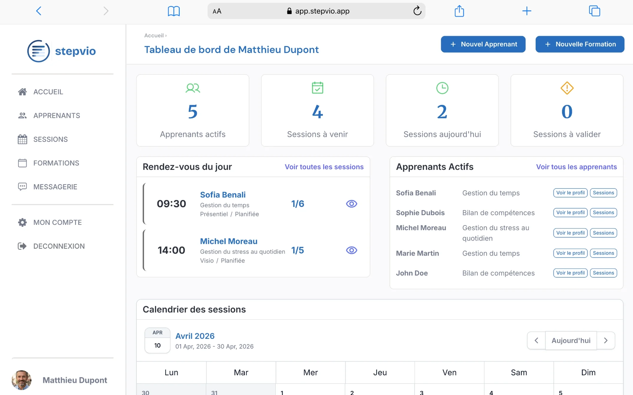 Tableau de bord Stepvio
